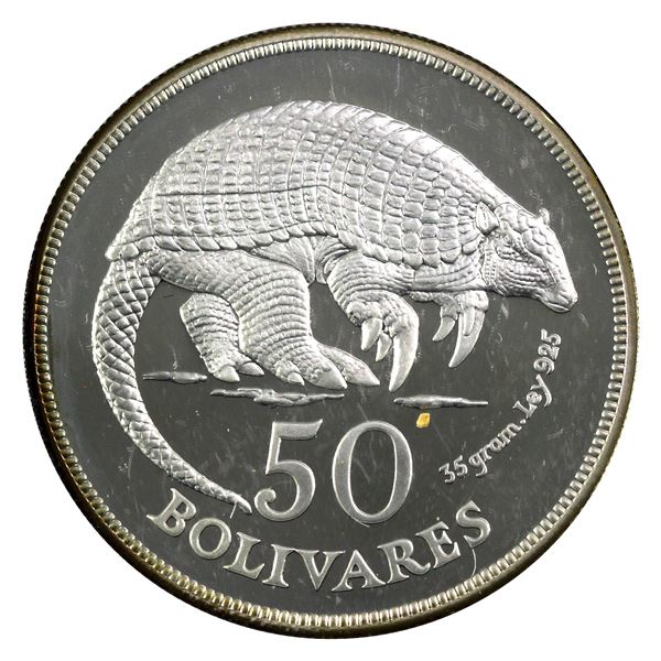 1975 Venezuela 50 Bolivares, Giant Armadillo .925 Proof Silver Coin (1.04oz). Soft gold toning with 