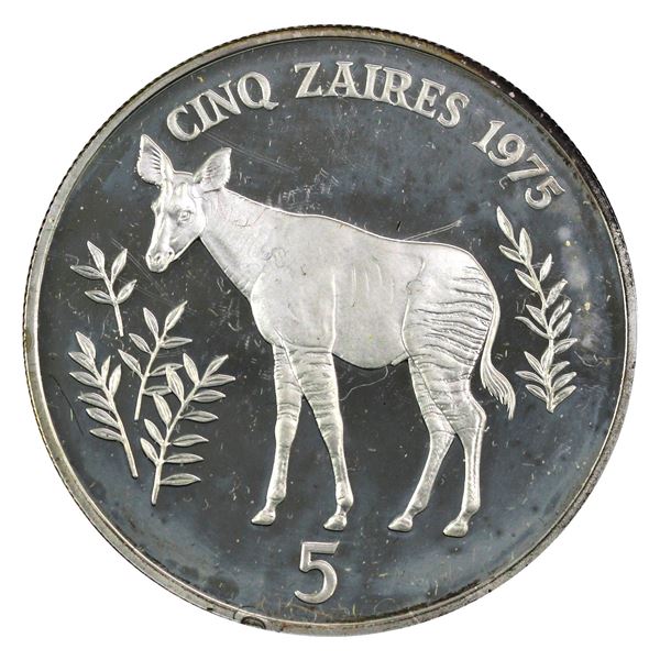 1975 Zaire 5 Zaires, Okapi .925 Proof Silver Coin (1.04oz). Soft gold toning with vivid bronze at ri