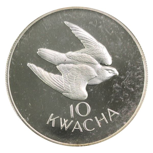 1979 Zambia 10 Kwacha, Taita Falcon .925 Proof Silver Coin (1.04oz). Soft gold toning with freckled 