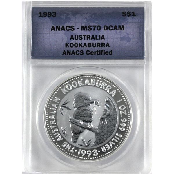 1993 Australia $1, Kookaburra, ANACS Certified, MS-70, .999 Fine Silver Coin (Tax Exempt). Comes in 