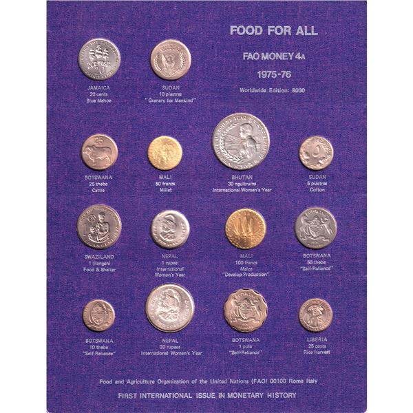 FAO Money 4A-Food For All Display Board; 14-coin set. Part of the FAO's first international issue in