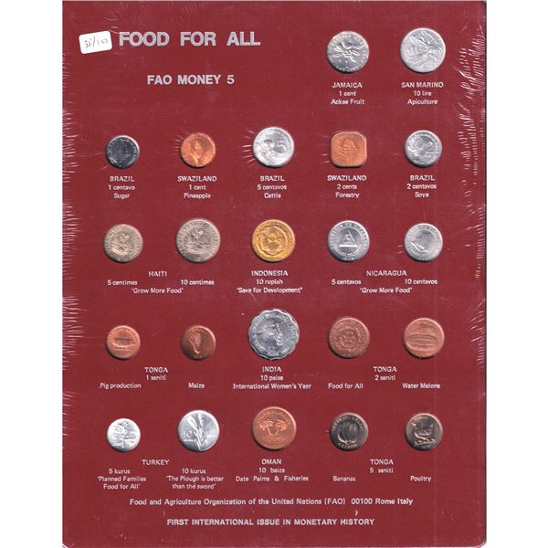 FAO Money 5-Food For All Display Board; 22-coin set, Sealed. Part of the FAO's first international i