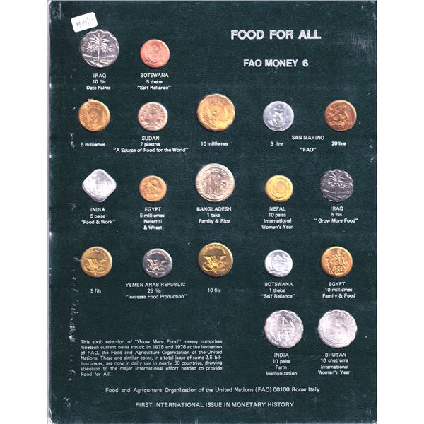 FAO Money 6-Food For All Display Board; 19-coin set, Sealed. Part of the FAO's first international i