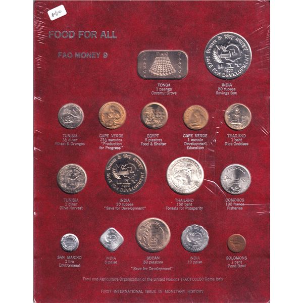 FAO Money 9-Food For All Display Board; 15-coin set, Partially Sealed. Part of the FAO's first inter