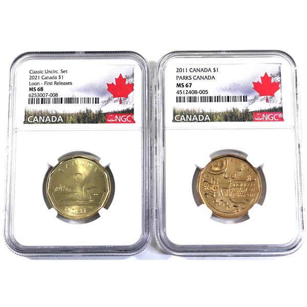 Lot of 2x 2011-2021 Canada 1-dollar, NGC Certified. Lot Includes: 2011 Parks Canada, MS-67; & 2021 F
