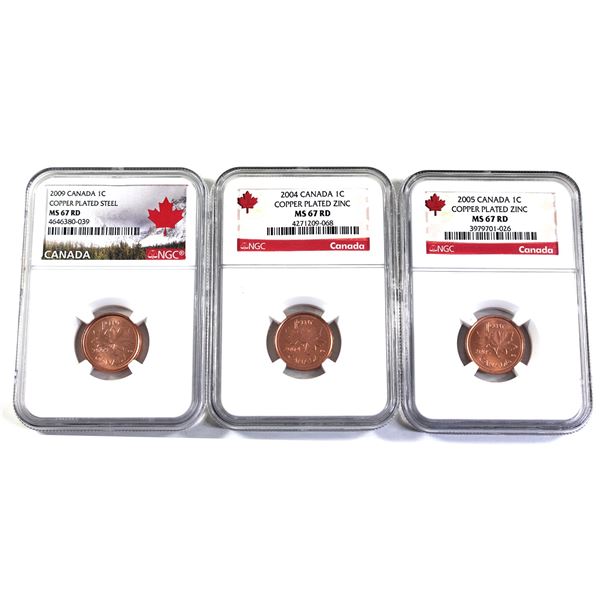Lot of 3x 2004-2009 Canada 1-cent, NGC Certified, MS-67, Red. Lot Includes: 2004, 2005, & 2009. Coin