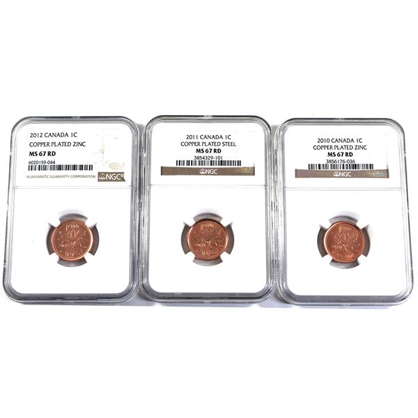 Lot of 3x 2010-2012 Canada 1-cent, NGC Certified, MS-67, Red. Lot Includes: 2010, 2011, & 2012. Coin