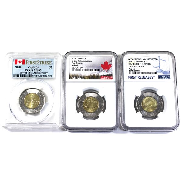 Lot of 3x 2017-2020 Canada 2-dollar Certified Coins. Lot Includes: 2017 Dance of the Spirits, NGC Ce