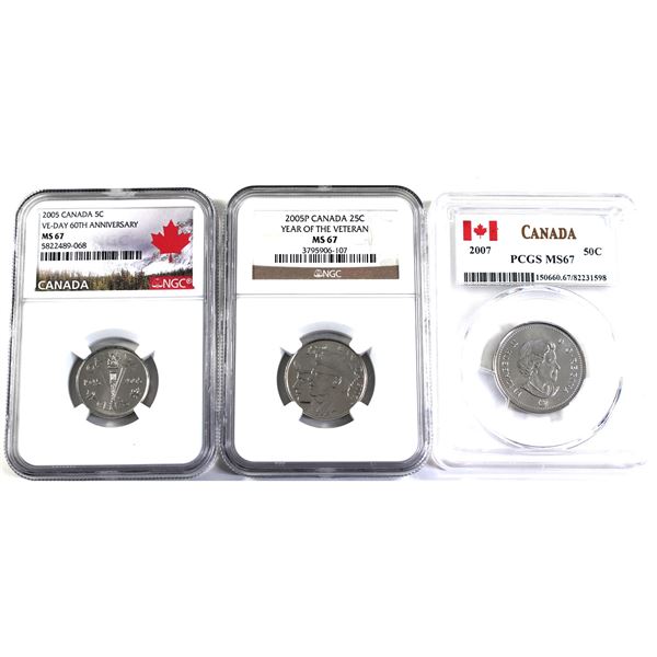 Lot of 3x 2005-2007 Canada, Certified Coins. Mixed Denomination. Lot Includes; 2005 5-cent, VE-Day 6