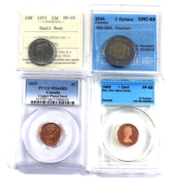 Lot of 4x 1973-2012 Canada, Certified Coins. Mixed Denomination. Lot Includes: 1973 25-cent, Small B