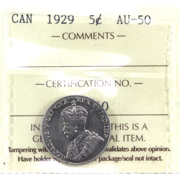 1929 Canada 5-cent, ICCS Certified, AU-50.
