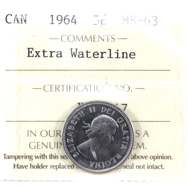 1964 Extra Waterline, Canada 5-cent, ICCS Certified, MS-63.
