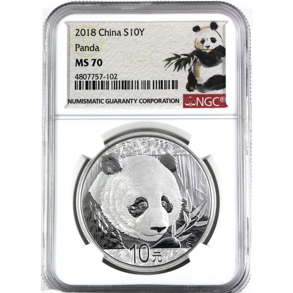 2018 China 1-Yuan, Panda, NGC Certified, MS-70, .999 Fine Silver Coin (Tax Exempt). Comes in NGC pro