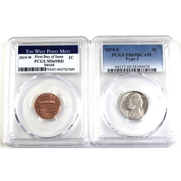 Lot of 2x 1979-2019 USA, PCGS Certified Coins. Mixed Denomination. Lot Includes; 1979S 5-cent, Type 