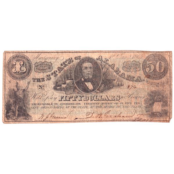 1864 USA $50 , SN: 874, State of Alabama Banknote in VG Condition. Typical discolouration and wear.