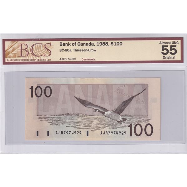 BC-60a, 1988 Canada $100 Thiessen-Crow, AJR, BCS Certified Banknote in AU-55 Original Condition. Com