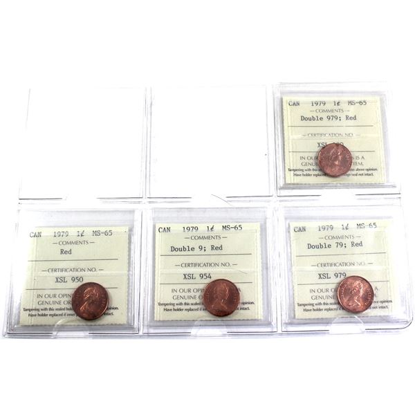 Lot of 4x 1979 Canada 1-cent, ICCS Certified, MS-65, Red. Lot Includes: Double 979, Double 9, Double