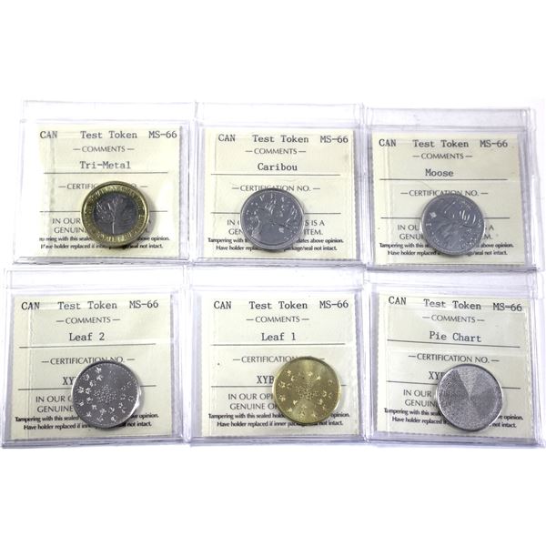 Lot of 6pcs 2018 Canada ND Test Tokens, ICCS Certified, MS-66. Lot Includes: Pie Chart, Leaf 1, Leaf