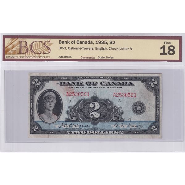 1935 $2 BC-3 Bank of Canada, Osborne-Towers, English, Check Letter A,  SN: A2530521, BCS Certified F