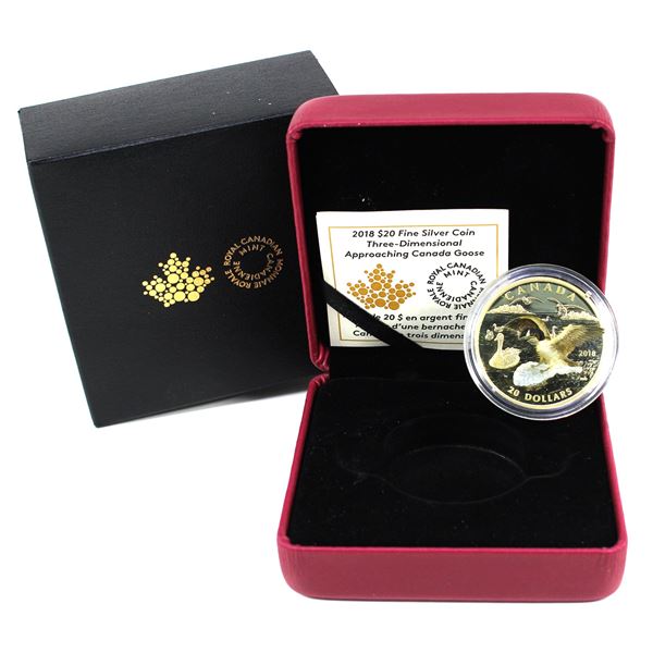 2018 $20 Canada 3-Dimensional Approaching Canada Goose Fine Silver Coin (Tax Exempt). Low Certificat