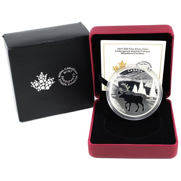 2017 Canada $30 Endangered Animal Cut-out - Woodland Caribou Fine Silver Coin (Tax Exempt). Mintage 