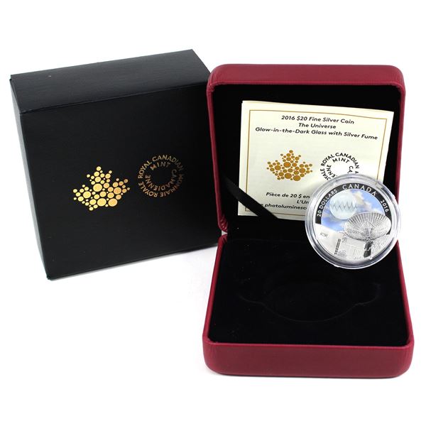 2016 Canada $20 The Universe Glow-In-The-Dark Glass with Silver Fume Fine Silver Coin. Comes with en
