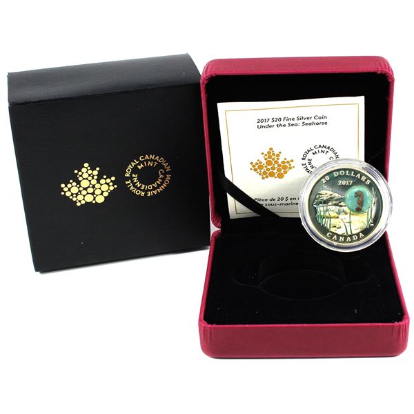 2017 Canada $20 Under the Sea: Seahorse Fine Silver and glass seahorse element.  Brilliant gold toni