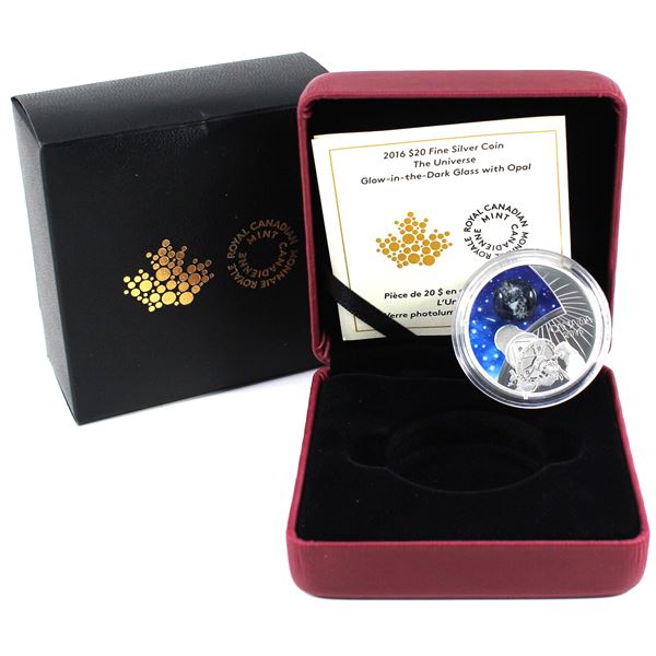 2016 Canada $20 The Universe Glow-In-The-Dark With Opal Fine Silver Coin. Comes with encapsuled coin