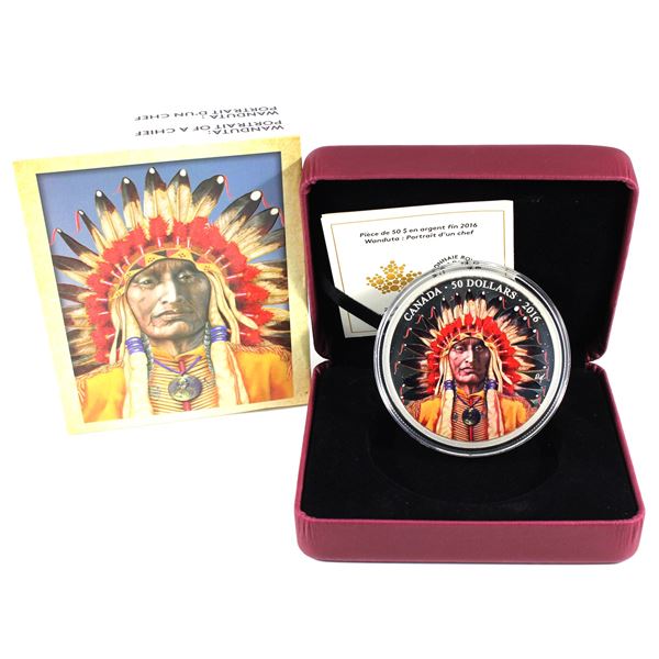 2016 Canada $50 Wanduta Portrait of a Chief 5oz Fine Silver (Tax Exempt). Soft gold toning. Only  1,