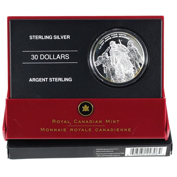 2006 Canada $30 National War Memorial Sterling Silver Coin.  Soft gold toning throughout with smatte