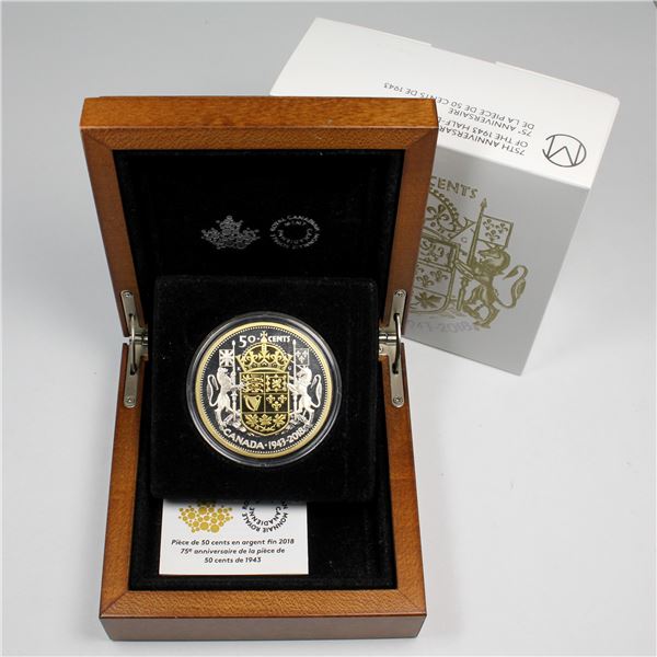 2018 Canada 50-cent 75th Anniversary of the 1943 Half Dollar Fine Silver (Tax Exempt). Soft gold ton