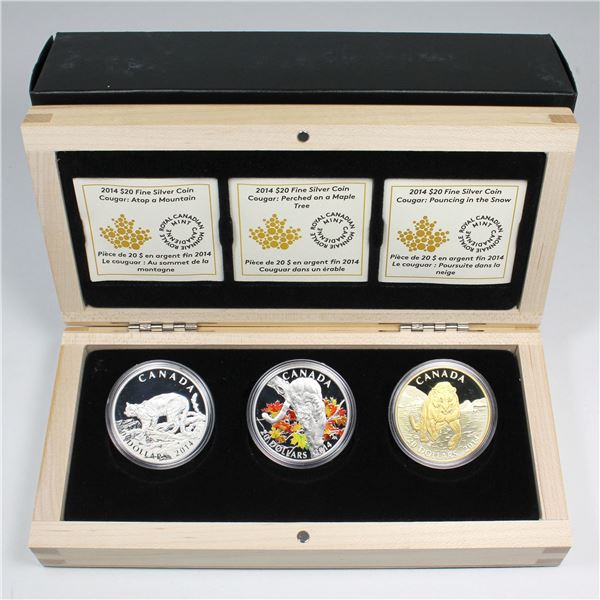 2014 The Royal Canadian Mint  $20 Cougar  3-coin Subscription Set Fine Silver (Tax Exempt). This set