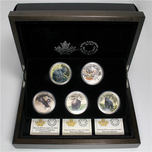 2016-2017 The Royal Canadian Mint $20 Majestic Animals 5-coin Subscription Set Fine Silver (Tax Exem