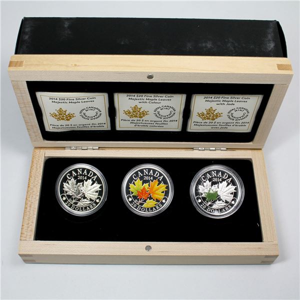 2014 The Royal Canadian Mint $20 Majestic Maple Leaves 3-coin Subscription Set Fine Silver.  Set inc