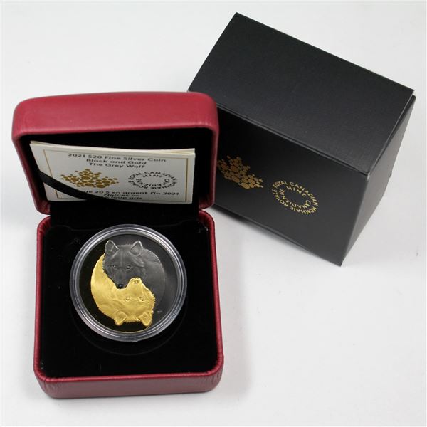 2021 Canada $20 Black and Gold: The Grey Wolf Fine Silver Coin (Tax Exempt). Comes with encapsuled c