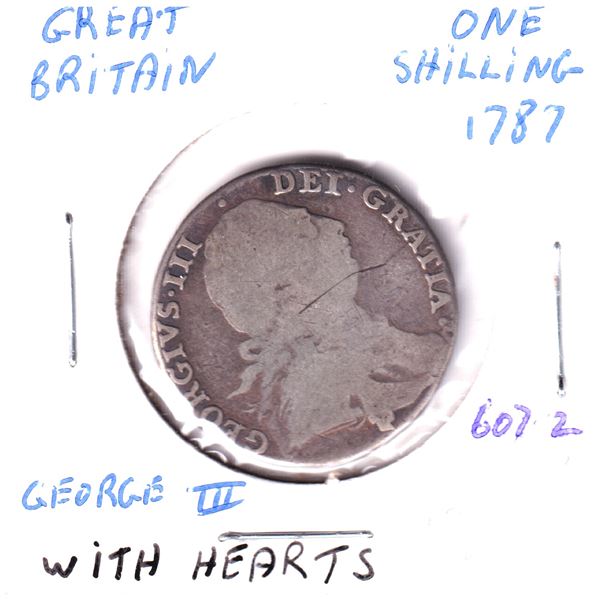 1787 Great Britain shilling, George III With Hearts Sterling Silver Coin