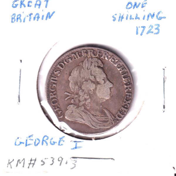 1723 Great Britain Shilling, George I, Sterling Silver Coin