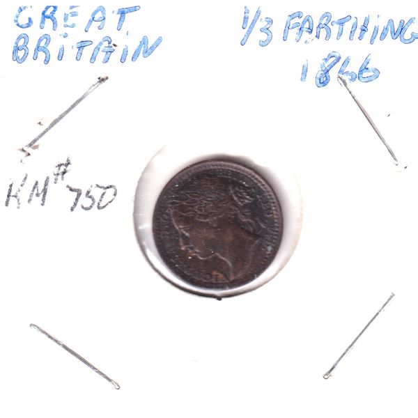 1866 Great Britain 1/3-farthing, Bronze Coin