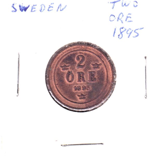 1895 Sweden 2-Ore, Original Lustre, appx. 4g Bronze