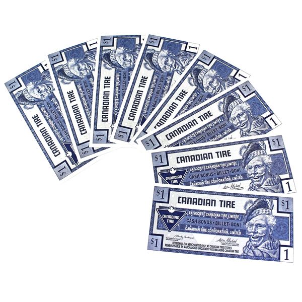 Lot of 9x 1996 Canadian Tire Dollar Coupons. Consecutive Numbering  and 2x Offset Notes! 9pcs.