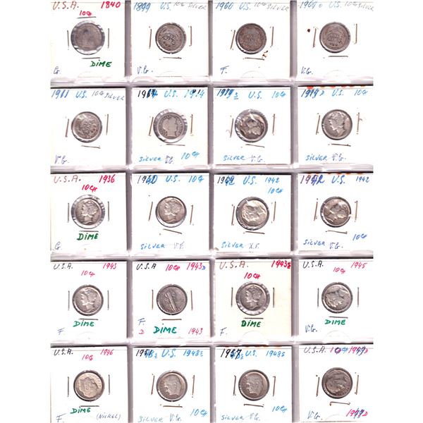 Lot of 40x 1840-1976 USA Dimes and Quarters Collection in Good to VG Condition. 40pcs.