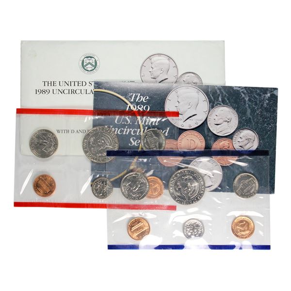 1989 United States P&D Mint 12-coin Uncirculated Set. Lightly toned.
