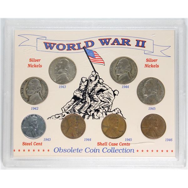 1993 USA World War II 8-coin Obsolete Coin Set. Coins come housed in plastic case.