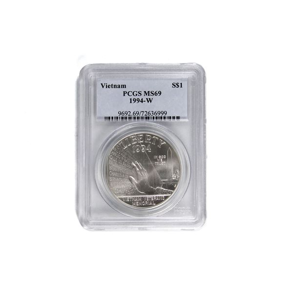 1994-W Vietnam Veterans Memorial, USA 1-dollar, PCGS Certified MS-69. Appx 26.73g .900 Silver.