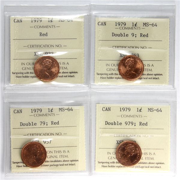 4x 1979 Canada 1-cent ICCS Certified MS-64. 4pcs.