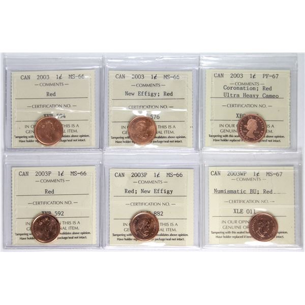 6x 2003 Canada 1-cent ICCS Certified MS-66/PF-67.  6pcs.