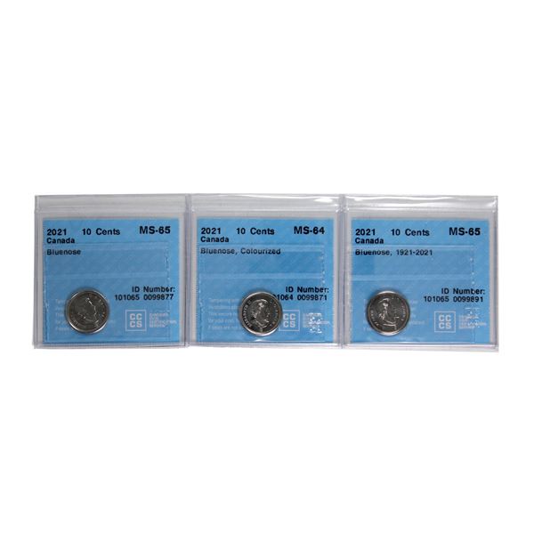 3x 2021 Bluenose 10-cent CCCS Certified MS-65. 3pcs