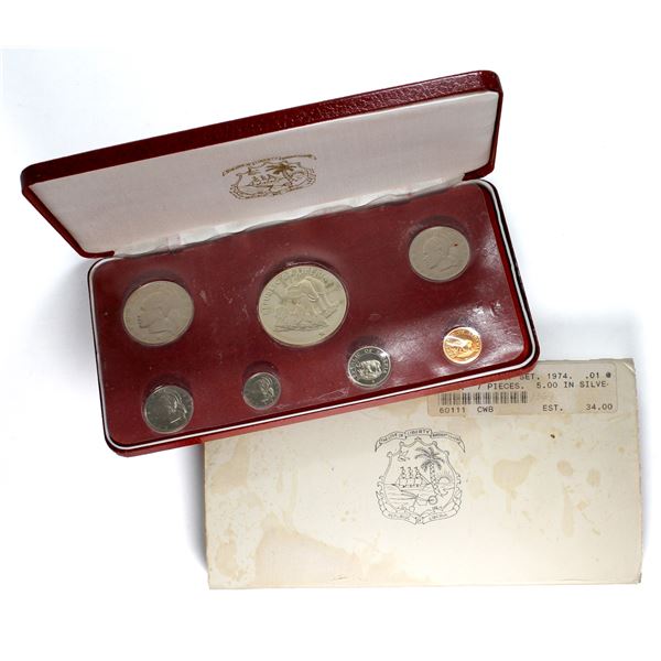 1974 Liberia 7-Coin Proof Set. Coins come in original clamshell case.