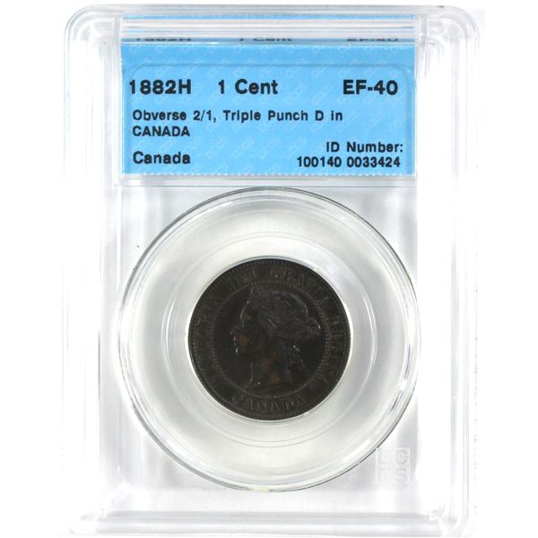 1882H Obverse 2/1, Canada 1-cent, CCCS Certified EF-40, Triple Punch D in CANADA.