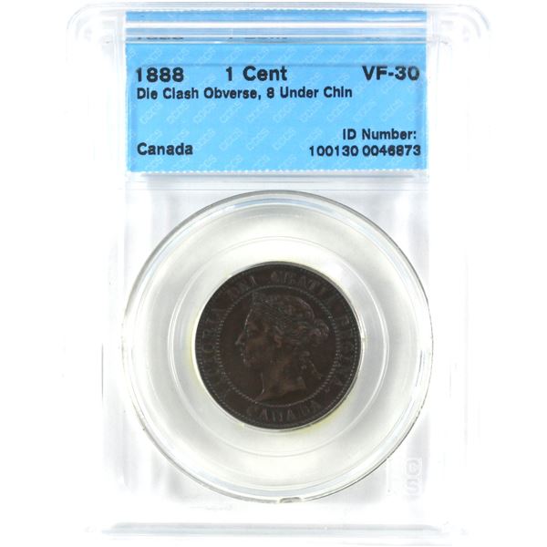 1888 Die Clash Obverse, Canada 1-cent, 8 Under Chin, CCCS Certified VF-30.